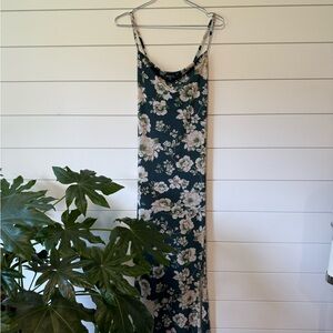 Slip Slinky Floral Green Maxi Dress with slit and cowl neck and strappy back